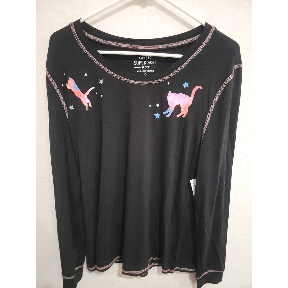 Torrid Super Soft Sleep Shirt 0 L 12 Black Galaxy Cat Space Star Long Sleeve